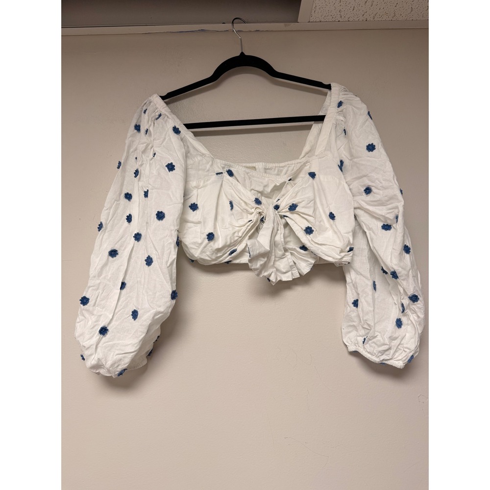 FARM Rio White Blue Floral Embroidered Square Neck Tie Front‎ Cropped  Blouse M